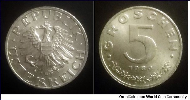 Austria 5 groschen. 1989, Zinc.