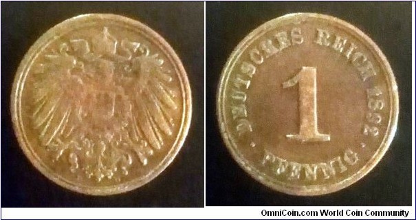 German Empire 1 pfennig. 1892 G