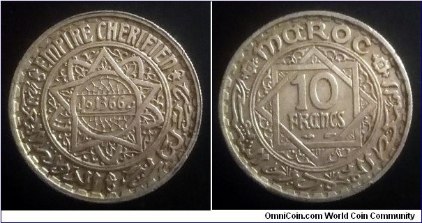 Morocco 10 francs. 1947, Paris Mint.