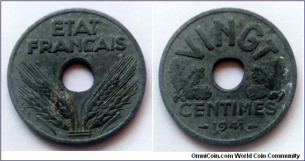 France 20 centimes. 1941, Vichy. Zinc (II)