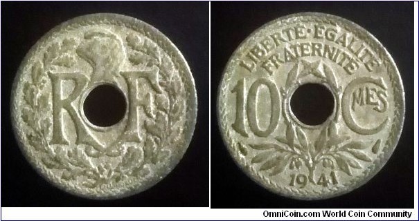 France 10 centimes. 1941, Not underlined variety with no dot before and after date. Zinc.