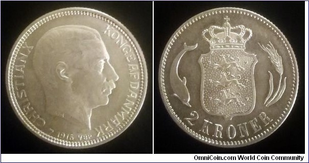 Denmark 2 kroner. 1916, Christian X. Ag 800. Weight; 15g. Diameter; 31mm. Mintage: 402.000 pcs.