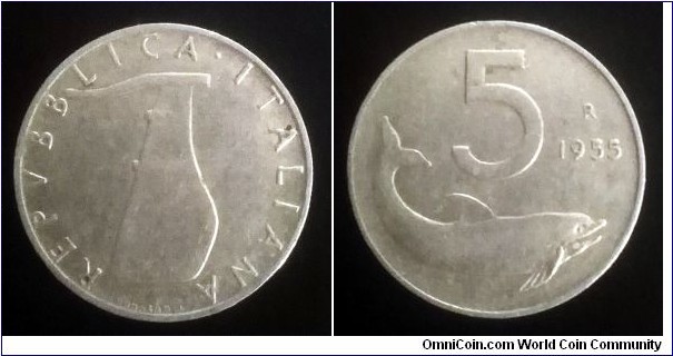 Italy 5 lire. 1955 (II)