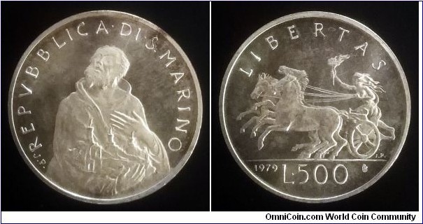 San Marino 500 lire. 1979, Symbols of the State of San Marino.  Ag 835. Weight; 11g. Diameter; 29mm.