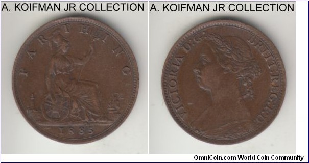 KM-753, 1885 Great Britain farthing; bronze, plain edge; Victoria, light brown extra fine.