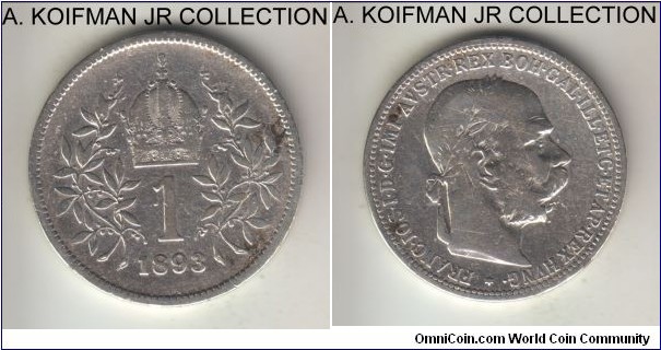 KM-2804, 1893 Austria conona; silver, ornamented and lettered edge; Franz Joseph I, fine or better details, cleaned.