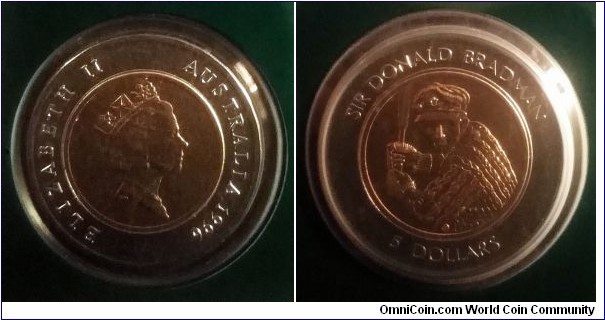 Australia 5 dollars. 1996, Sir Donald Bradman. Coin was released by the Royal Australian Mint in a credit card type holder.