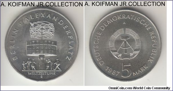 KM-116, 1987 Germany (DDR) 5 mark, Berlin mint (A mint mark); copper-nickel-zinc, lettered edge; Berlin's Alexanderplatz circulation commemorative, uncirculated.