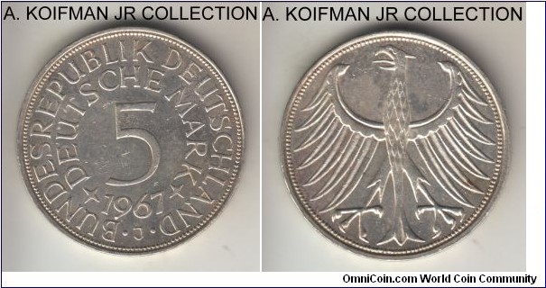 KM-112.1, 1967 Germany 5 marks, Hamburg mint (J mint mark); silver, lettered edge; circulation issue, extra fine.