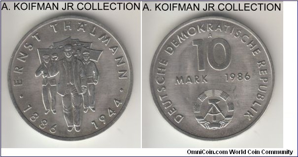 KM-109, 1986 Germany (DDR) 10 mark, Berlin mint (A mint mark); copper-nickel, lettered edge; 100th Anniversary - Birth of Ernst Thalmann circulation commemorative, uncirculated.