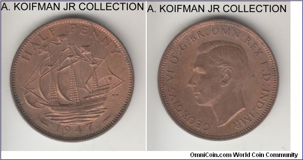 KM-844, 1947 Great Britain 1/2 penny; bronze, plain edge; late George VI, pleasant red brown uncirculated.