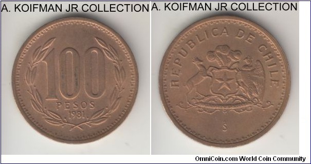 KM-226, 1981 Chile 100 pesos, Santiago mint (So mint mark); aluminum-bronze, plain edge; good uncirculated.