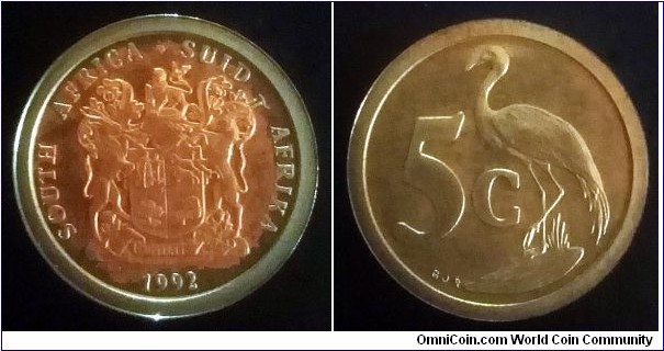 South Africa 5 cents. 1992, Proof.