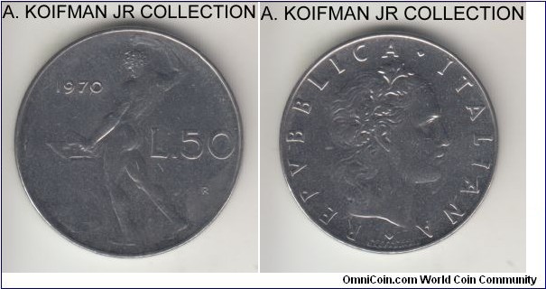 KM-95.1, 1970 Italy 50 lire, Rome mint (R mint mark); stainless steel, reeded edge; circulation coinage, uncirculated.