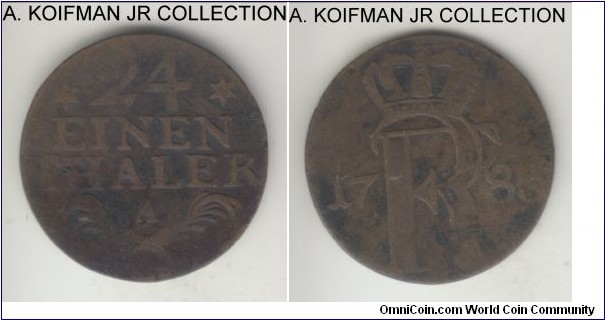 KM-296, German States Prussia 1/24 thaler, Berlin mint (A mint mark); billon silver, plain edge; maybe be contemporary fake as toning is more typical of the copper than silver, even billon, well circulated good to very good.