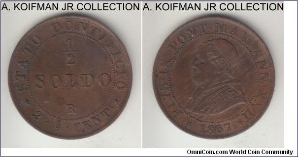 KM-1371, 1867 Papal States (Vatican) 1/2 soldo; copper, plain edge; XXII year of Pius IX, transitional coinage to lira equivalent to 2 1/2 centisimi, small date variety, brown almost uncirculated or better.