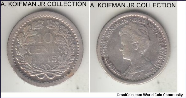 KM-145, 1915 Netherlands 10 cents; silver, reeded edge; Wilhelmina I, mature head type, good fine details, cleaned.