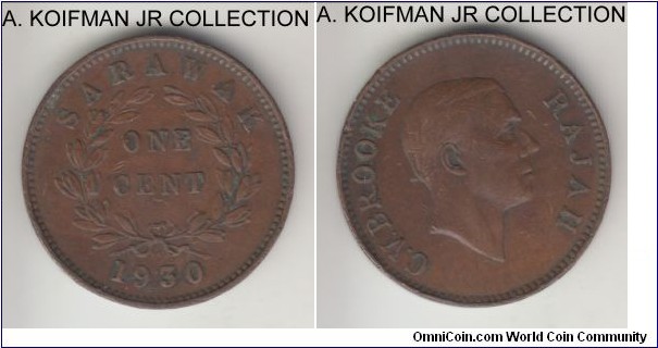 KM-18, 1930 Sarawak cent, Heaton mint (H mint mark); bronze, plain edge; Charles V. Brooke, brown very fine.