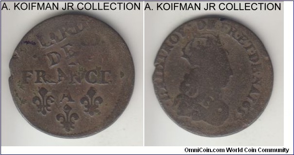 KM-192.1, 1657 France Liard of France, Corbeil mint (A mintmark); copper, plain edge; Louis XIV, unusual double struck reverse.