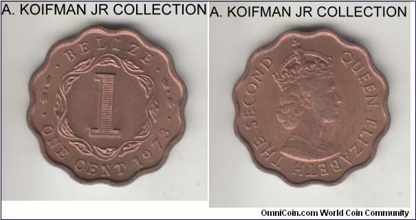 KM-33, 1973 Belize cent; bronze, scalloped flan, plain edge; Elizabeth II, red brown uncirculated.