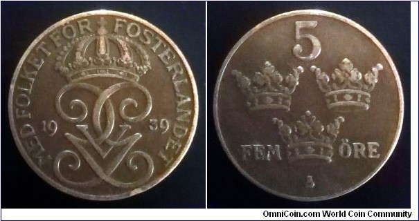 Sweden 5 ore. 1939