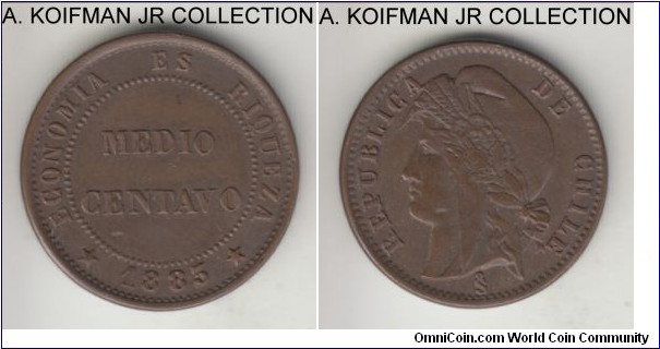 KM-148.a, 1883 Chile 1/2 centavo; copper, plain edge; date seems to be recut, possibly 7 under 3, previous owner suggested 1883/73, brown uncirculated or almost.