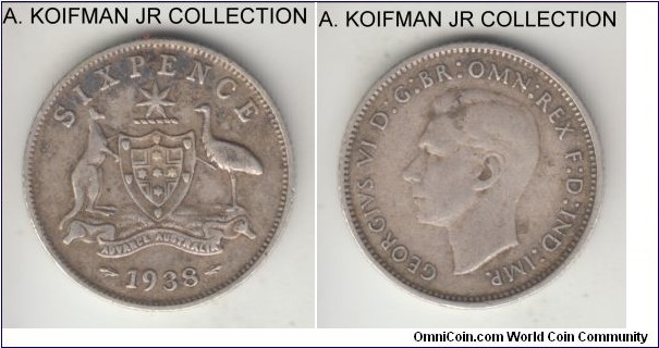 KM-38, 1938 Australia 6 pence, Melbourne mint (no mint mark); silver, reeded edge; early George VI, smaller mintage like the rest of the early type, good fine to almost very fine.