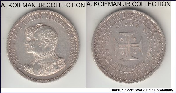 KM-539, 1898 Portugal 1000 reis; silver, reeded edge; Carlos I, 500 years of discovery of India commemorative, good extra fine, most likely cleaned in the past.