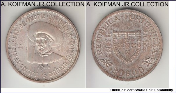 KM-Pr12, Gomes#E11.05, 1960 Portugal 20 escudos; prova, silver, reeded edge; essai of the circulation commemorative celebration 500 years of the death of Prince Henry the Navigator, uncirculated, minor toning.