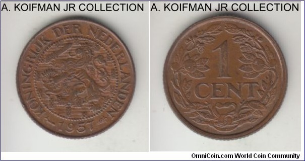 KM-10a, 1957 Suriname cent, Utrecht mint (fish mint mark); bronze, reeded edge; light brown almost uncirculated.