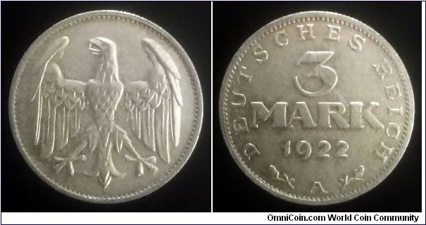 Germany (Weimar Republic) 3 mark. 1922 A