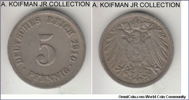 KM-11, 1910 Germany (Empire) 5 pfennig, Stuttgart mint (F mint mark); copper-nickel, plain edge; Wilhelm II, smaller mintage, almost uncirculated.