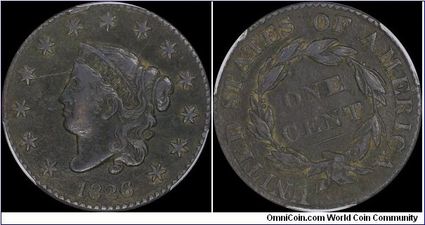 1826 Matron Cent PCGS VF Details-corrosion