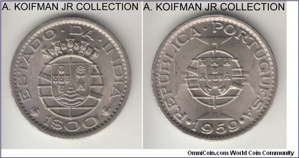 KM-33, 1959 Portuguese India escudo; nickel-brass, reeded edge; 2-year type, bright uncirculated.