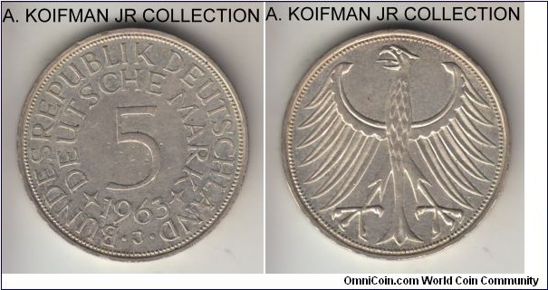 KM-112.1, 1963 Germany 5 marks, Hamburg mint (J mint mark); silver, lettered edge; circulation issue and smaller mintage, uncirculated, few bagmarks.