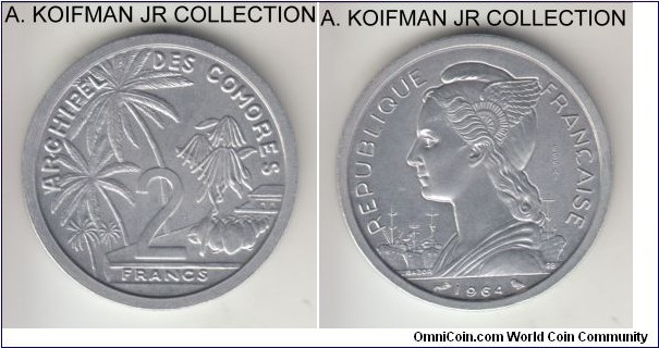 KM-E2, 1964 Comoros 2 francs, Paris mint; essai, aluminum, plain edge; mintage 1,700, bright uncirculated.