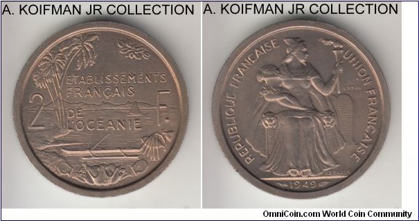 KM-E9, 1949 French Oceania 2 francS; essai, nickel-bronze, plain edge; choice uncirculated, mintage 2,000.