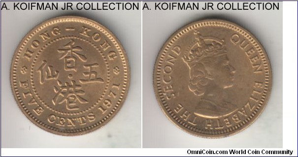 KM-29.3, Hong Kong 5 cents, Heaton mint (H mint mark); nickel-brass, reeded edge; Elizabeth II, uncirculated.