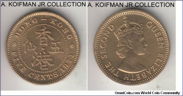 KM-29.3, Hong Kong 5 cents, Kings Norton mint (KN mint mark); nickel-brass, reeded edge; Elizabeth II, uncirculated.