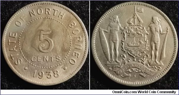 North Borneo 1938 5 cents. Stains from cleaning? Weight: 7.28g