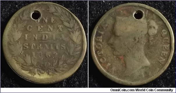 Straits Settlements 1862 1 cent. Holed. Weight: 7.39g