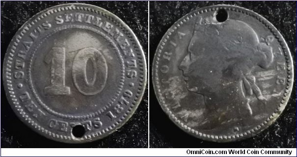 Straits Settlements 1879 10 cents. Holed. Weight: 2.53g