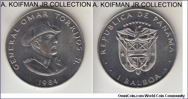 KM-76, 1984 Panama balboa; copper-nickel clad copper, reeded edge; General Omar Torrijos circulation commemorative, small mintage for all 3 years of the type, mostly bright uncirculated, reverse center toning.