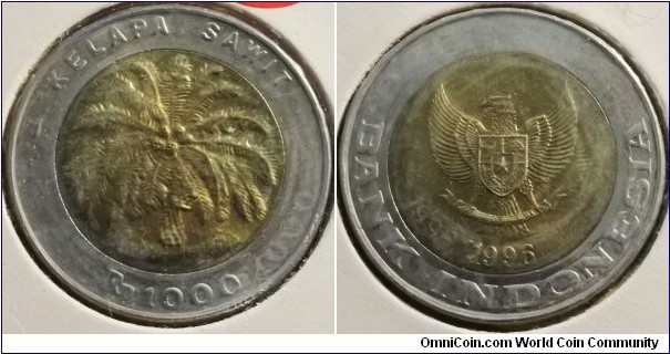 Indonesia 1996 1000 rupiah. Interesting bi-metal coin. 