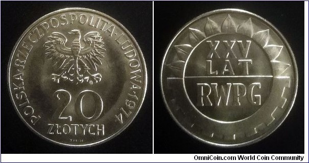 Poland 20 złotych. 1974, 25th Anniversary of the COMECON. Designed by Józef Markiewicz.