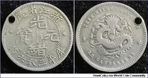 China Chekiang Province 1898 (ND) 3.2 candareens. Holed. Weight: 1.31g