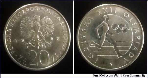 Poland 20 złotych. 1980, 1980 Summer Olympics. Designed by Anna Jarnuszkiewicz and Ewa Olszewska-Borys.