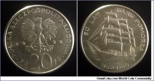 Poland 20 złotych. 1980, 50th Anniversary - Training Ship Dar Pomorza. Designed by Anna Jarnuszkiewicz and Stanisława Wątróbska-Frindt.  