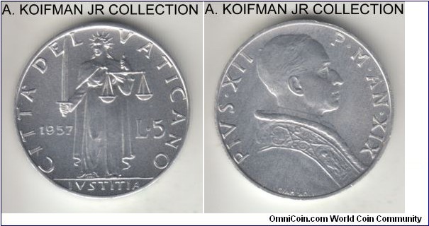 KM-51.1, 1957 Vatican 5 lire; aluminum, plain edge; XIX year of Pius XII, smaller mintage of 30,000, bright uncirculated.