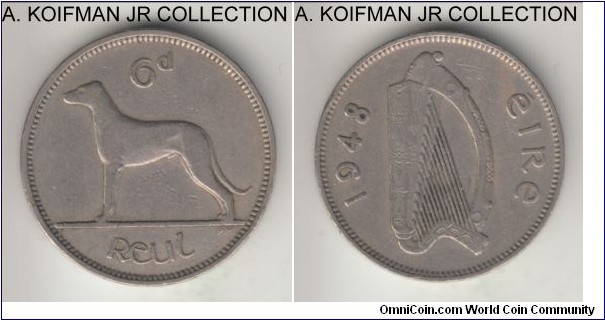 KM-13a, 1948 Ireland 6 pence; copper nickel, plain edge; pre-decimal Republic, very fine or about.